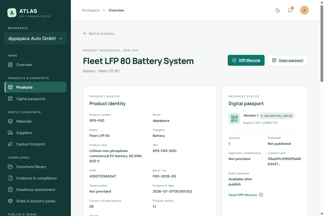Battery product details showing passport status and linked product information.