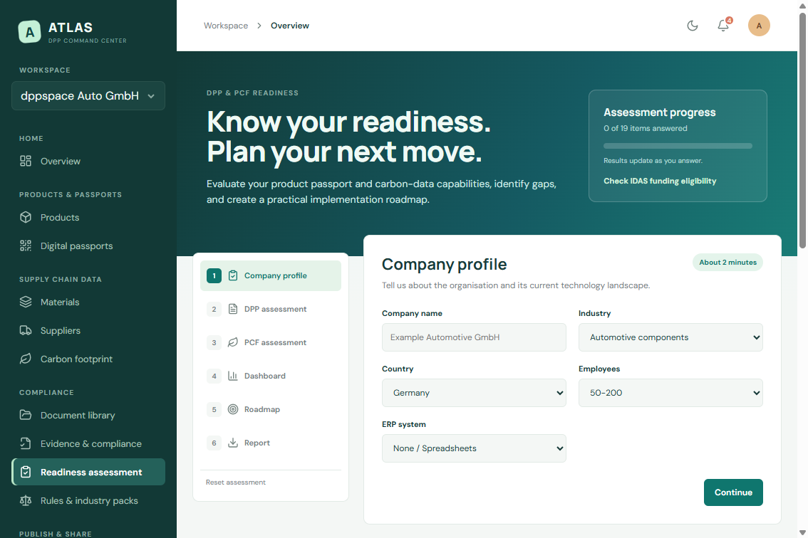 DPP and product carbon footprint readiness assessment workspace.